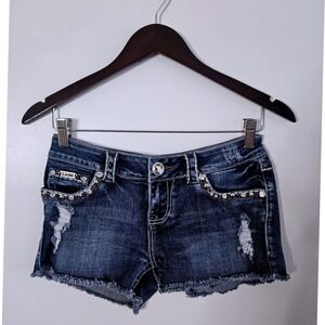 LA Idol USA Rhinestone Denim Shorts Blue Jean S Distressed Bling Y2K McBling